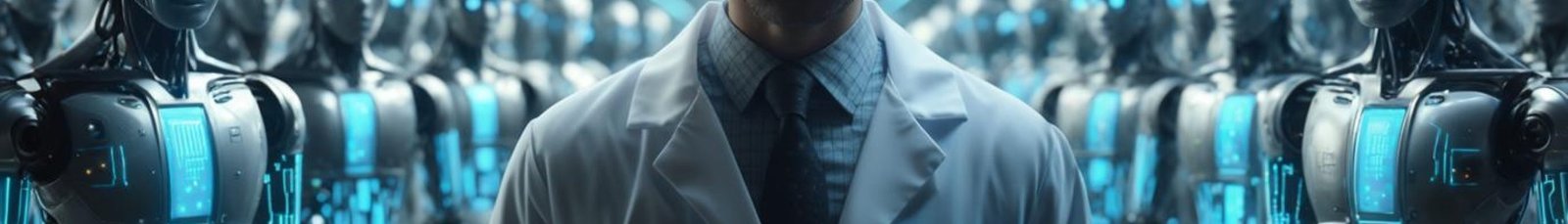 a man in a lab coat standing in a room with robots